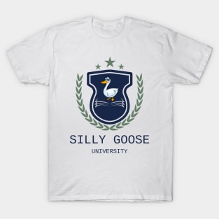 Silly Goose University - Cartoon Goose Blue Emblem With Green Details T-Shirt